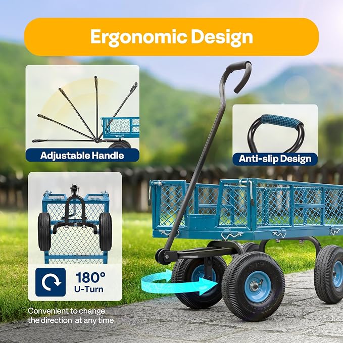 VIVOHOME Heavy Duty 880 Lbs 4.5 Cu Ft Mesh Steel Garden Cart Utility Wagon | Removable Sides and 4.10/3.50-4" Wheels 10 inch Tire (Blue)