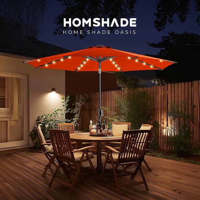 HOMSHADE 9ft Solar Patio Umbrella - Solar Lights LED Lighted Outdoor Market Table Umbrella, UPF50+ UV Protection with Push Button Tilt, Crank for Pool Deck and Garden (Neon Orange)