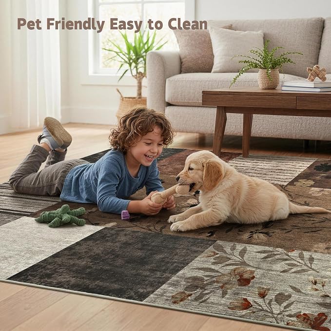 DweIke Area Rugs 8'x10' Washable Brown Rug for Living Room, Non-Slip Modern Geometric Patchwork Stain Resistant Indoor Throw Carpet for Bedroom Dining Room Farmhouse Office Decor