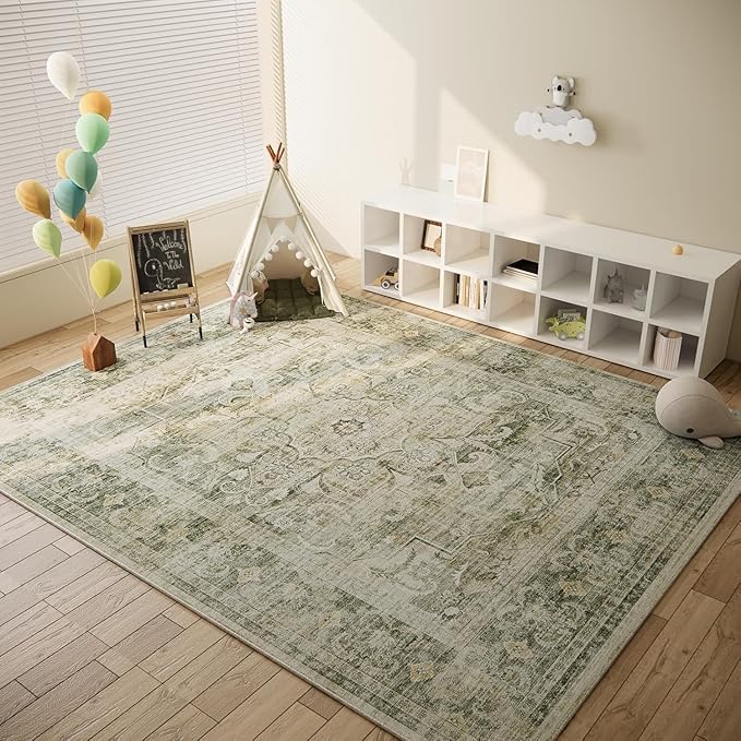 Washable Area Rugs for Living Room: 10 x12 Boho Rug Large Living Room Rug Stain Resistant Distressed Vintage Area Rug Non Slip Low Pile Faux Wool Soft Rugs for Bedroom Playroom Farmhouse Dining Room