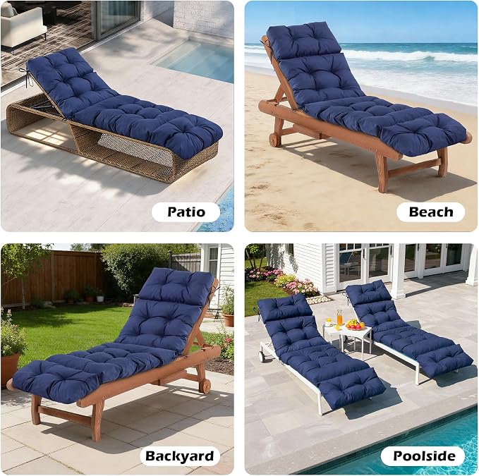 2 Pcs Chaise Lounge Cushions Outdoor,Waterproof & Fade Resistant Patio Lounge Chair Cushions for Outdoor Furniture, Chaise Cushion with Ties for Pool, Lawn and Beach, 75.1x22.8x4.7 Inch, Navy Blue