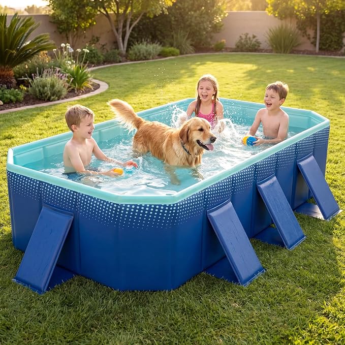 Goplus Foldable Non-Inflatable Swimming Pool, Portable Rectangle Around Ground Pool with 24 Hard Shell, Drain Hose, Outdoor Collapsible Kiddie Pool for Backyard Garden (Navy+Green,88x50 in)