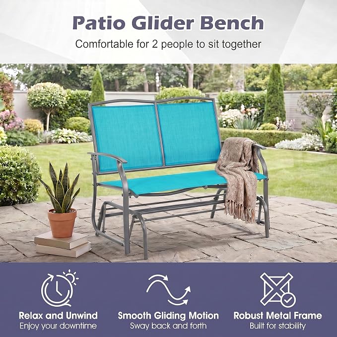 Tangkula 2-Person Patio Swing Glider Bench, Outdoor Rocker Glider Loveseat Chair W/Heavy-Duty Steel Frame, Breathable Seat Fabric, Rocking Lounge Chair for Poolside, Garden, Backyard (Turquoise)