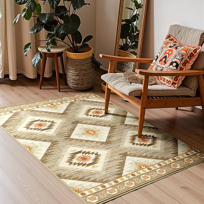 Area Rug 2x3 Rug Machine Washable Non-Slip Low Pile Print Pattern Western Rug for Living Room Bedroom Entryway Tribal Series -Cream/Camel | Western No Slip Low Pile Print Foldable Indoor Small Rug for Kitchen entryway doormat
