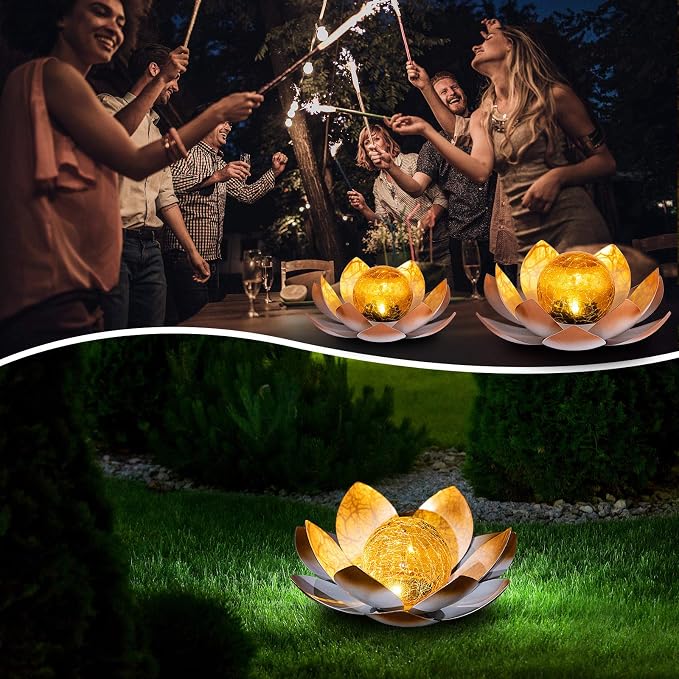 AIINY Garden Solar Lights Outdoor(2Pack), Amber Crackle Globe Glass Lotus Decoration, Waterproof Orange Metal LED Flower Lights for Patio,Lawn,Walkway,Tabletop,Ground, Garden Gifts for Women