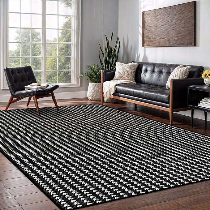 Washable Outdoor Rug 9x12 Modern Area Rugs Outdoor Carpets Striped Pattern Non Shedding Waterproof Easy Clean Patio Deck Porch Living Room Bedroom Garden RV (9 X 12 Black)
