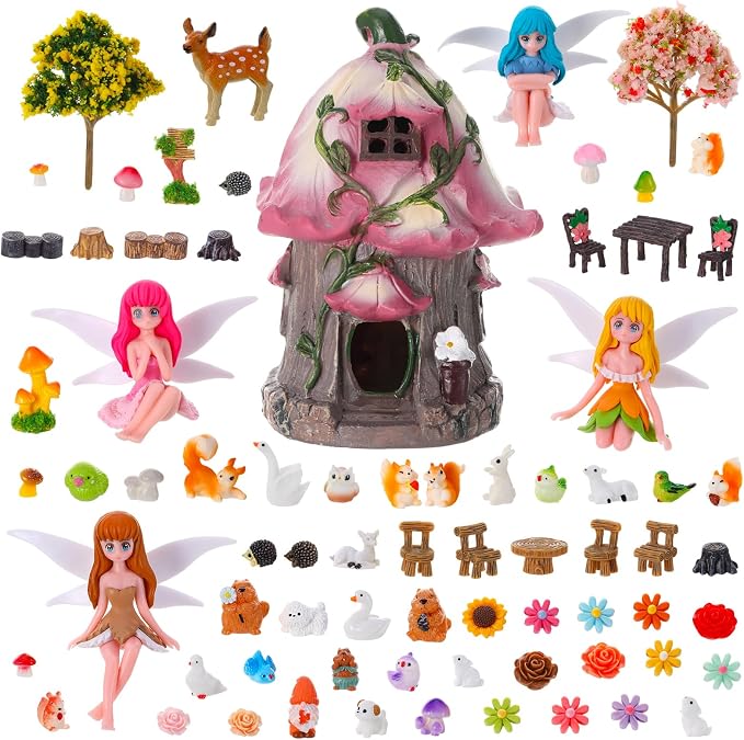 75 Pcs Fairy Garden House Resin Kit Glowing Tree House Miniature Garden Fairy Animals Decor Mini Landscape Ornaments