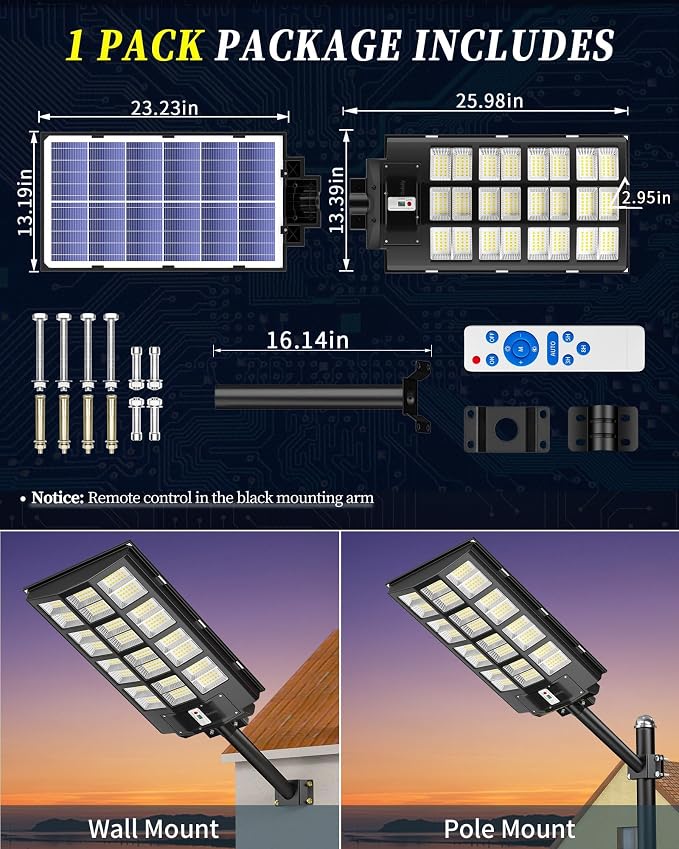 Gefolly Solar Street Lights Outdoor, Commercial Parking Lot Light, 6500K Dusk to Dawn IP67 Security Flood Lights Motion Sensor Led Lamp for Basketball Court, Road, Yard (SL-6000W, 600000LM)