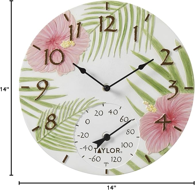 Taylor Pink Hibiscus Poly Resin Indoor and Outdoor Clock and Thermometer, Home Decor for Garden, Patio, Pool, and Indoor Areas, 14-inch, Multi-Color