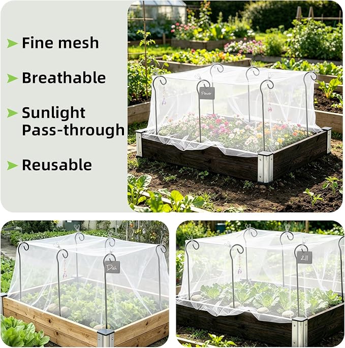 Garden Netting Kit for Raised Beds, 10 x 13 FT Ultra Fine Insect Mesh with 8 Upgraded Hook-Top Stakes & 20 Clips, Plant Cover for Vegetables, Fruits & Pest Protection