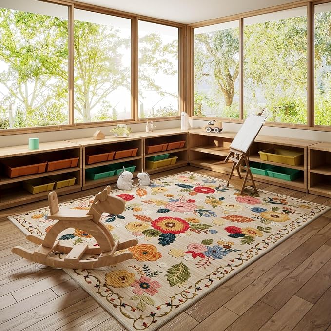 10x14 Area Rugs for Living Room: Large Washable Rug Lightweight Non Slip Low Pile Soft Faux Wool Non Shedding Distressed Vintage Floral Carpet Rugs for Bedroom Dining Room Nursery Farmhouse