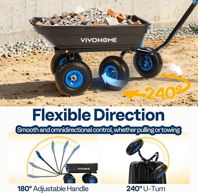 VIVOHOME 660lbs Wheelbarrow Dump Garden Cart with 2-in-1 Convertible Handle | Attach to ATV or Tractor, 10" All Terrain Wheels, Heavy Duty Utility Trailer for Yard