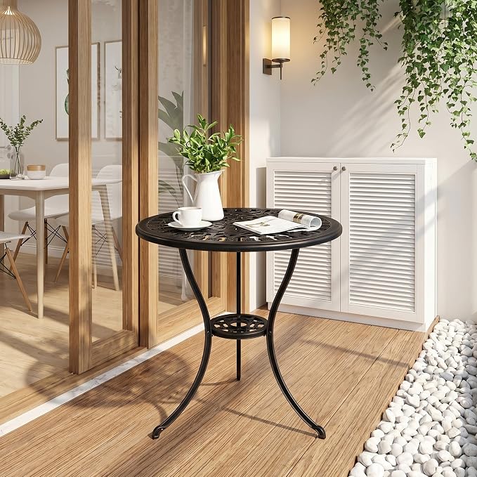 IDEALHOUSE Patio 23''Cast Aluminum Side Table with Umbrella Hole,Outdoor Small Coffee Tables,Anti-Rust Bistro Table,Round End Table,Outdoor Furniture for Indoor,Patio,Garden,Porch,Balcony(Bronze)
