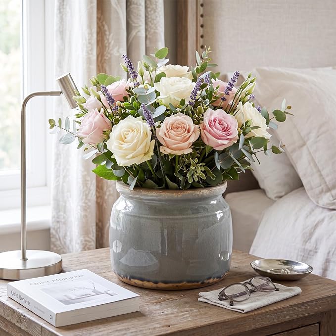 7.7" Large Ceramic Plant Pot Grey Vintage Planter Crackle Glaze Decorative Retro Flowers Pot with Drainage for Indoor Outdoor Plants Home Shelf Kitchen Office Patio Decor Gift