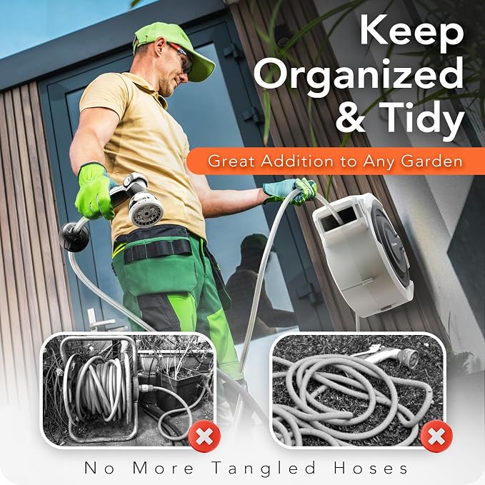 150 FT x 1/2" Retractable Garden Hose Reel by HOZEREEL, UV Resistant Hose Reels - Automatic Slow Self Retract Wall Mount Hose Reel Enclosed Storage, Any Length Lock 180° Swivel, 10 Pattern Nozzle