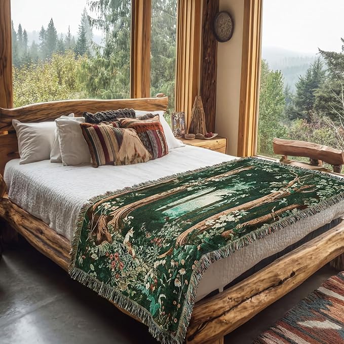 Moukeren 60 x 50 Inch Forest Woven Tapestry Blanket with Colorful Tassels Nature Tapestry, Woodland Cozy Throw for Couch Sofa Chair, Wall Hanging Home Decor Gift