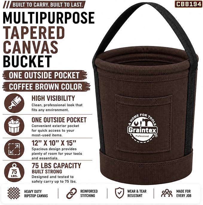 Graintex Tapered Canvas Bucket 12"x10"x15", Utility Tool Bucket One Inside Pocket, Reinforced Base & Carry Handle, Ripstop Canvas - Coffee Brown