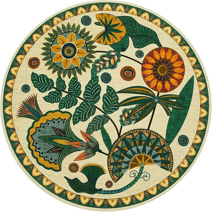 Joydeco Egypt Floral Boho Round Rugs 5FT for Bedroom Playroom Living Room | Boho Colorful Circle Non Slip Stain Resistant Flower Indoor Carpet for Dining Room Nursery Entryway Guest Room Kitchen, Beige