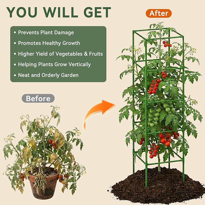 Halatool 4 Pack 72" Extra Tall Square Tomato Cages, Heavy Duty Metal Plant Support for Indeterminate Tomatoes, Climbing Plants, Vegetables, Up to 6ft Garden Cages for Indoor Outdoor Raised Beds, Pots