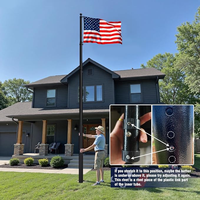 HAYOHRT 20FT Telescopic Flag Pole 12 Gauge Extra Thick Telescoping Flagpole with 3x5 American Flag Can Fly 2 Flags for Outside House In Ground 100MPH Wind Tested Freedom Edition Residential Pole