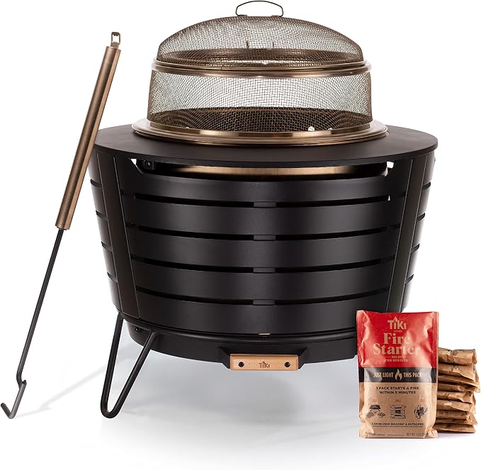 TIKI Brand Patio Smokeless Fire Pit with Screen and Poker and 10-Pack Fire Starters Bundle