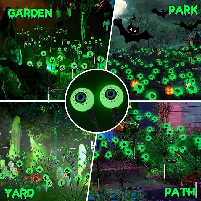 2026 Upgraded 6 Pack Halloween Decorations Outdoor, Green Solar Eyeball Lights, 36 LED Eye Balls Swaying Firefly Light Waterproof (Soft Glowing or Steady on) for Garden Lawn Pathway Grave Yard Decor