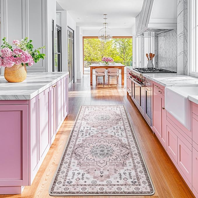 LBRO2M Machine Washable Rug Soft Pet Friendly Carpet 2X6 Pink | Persian Runner Rug 2X6 for HallWay, Bedroom, Kitchen, Laundry Room, Non Slip Carpet, Foldable Stain Resistant Rugs