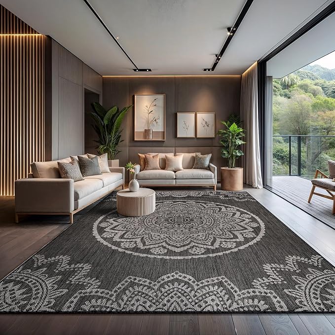 CAMILSON Outdoor Rug 10x14 Modern Area Rugs for Large Indoor and Outdoor Patios and Porches - Washable Non-Shedding Easy-to-Clean Outside Carpet (10 x 14, Medallion - Dark Grey/Light Grey)
