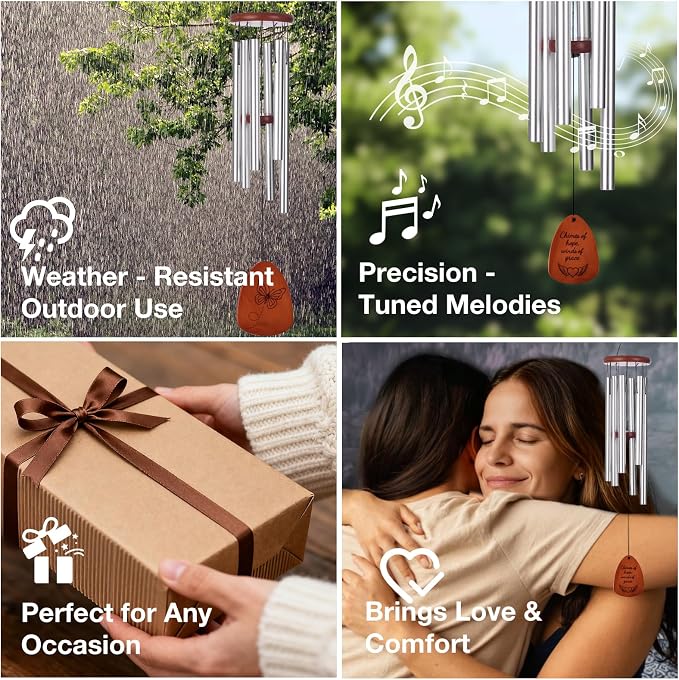 Sympathy & Memorial Wind Chimes for Outside – Deep Tone Aluminum Chimes with Mute Feature, Inspirational Poem, Butterfly & Heart Art Wooden Sail, Outdoor Garden Decor (Silver, 32 Inch)