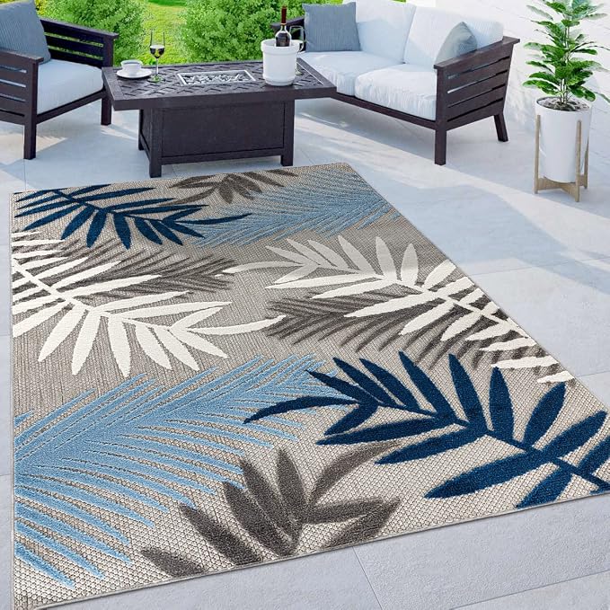 Rugshop Blue Palm Frond Indoor/Outdoor Area Rug Easy Cleaning for Patio, Porch and Dining Area, 6'6" x 9'