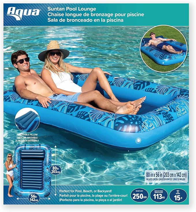 Aqua Inflatable Tanning Pool Lounger, Premium Pool Float with Cupholders and Removeable Pillow for Relaxation and Fun