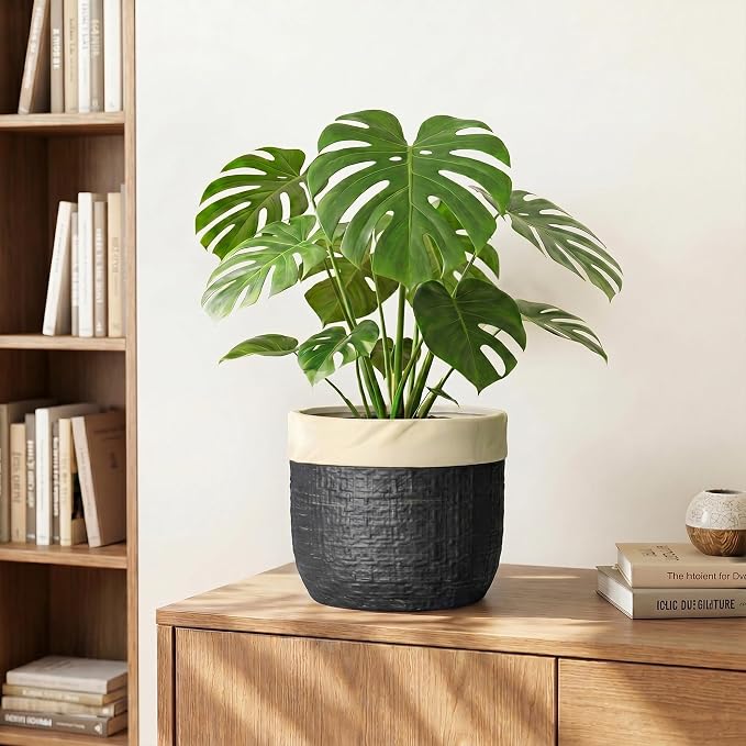 8 Inch Planter - Ceramic Pots for Plants with Drainage Hole and Plug, Round Unique Flower Pots for Indoor Plants, Boho Decorative Plant Pot, Apartment Decor, Gardening Gifts for Women, Black