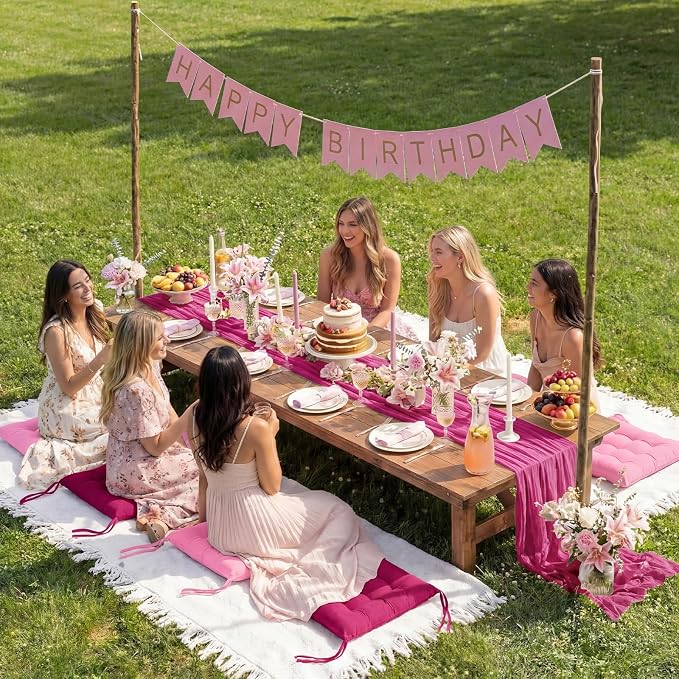 Extra Large Outdoor Picnic Blanket with Table Runner and Floor Pillow Cushion for Picnic Wedding Birthday Baby Shower Backyard Decor(91 x 71'',Rose Red,8 Pcs)