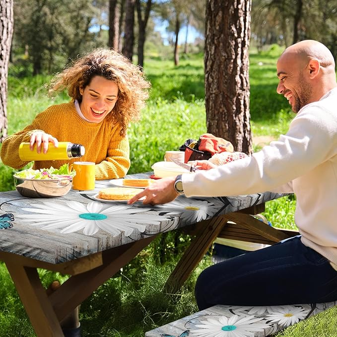 Daisy Flowers Butterfly Picnic Table Cover with Bench Covers, Wooden Vintage Farmhouse Outdoor Camping Essentials 6FT 3PCS Fitted Rectangle RV Must Haves Tablecloth with Drawstring Bag