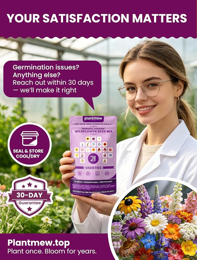 Wildflower Seeds β Perennial Paradise Mix, 21 Heirloom Species, 24,000+ Seeds (4oz) Covers 300-360 sq. ft., High Germination for Outdoor Pollinator Garden