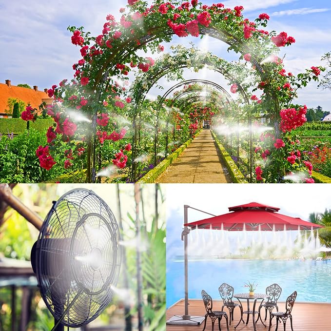 Mussozy Fan Misting Kit for Outdoor Cooling 26.3 FT Misting Hose 8 Brass Misting Nozzles Outdoor Fan Misting Cooling System Water Misting Fan for Outdoor Patio Garden Backyard Greenhouse Breeze