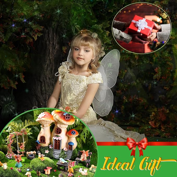 100 Pcs Fairy House Garden Kit Accessories Miniatures Fairy Figures Gnomes Mushroom House Solar Light Resin Dwarfs Statue Micro Landscape Ornaments for DIY Yard Outdoor Decoration