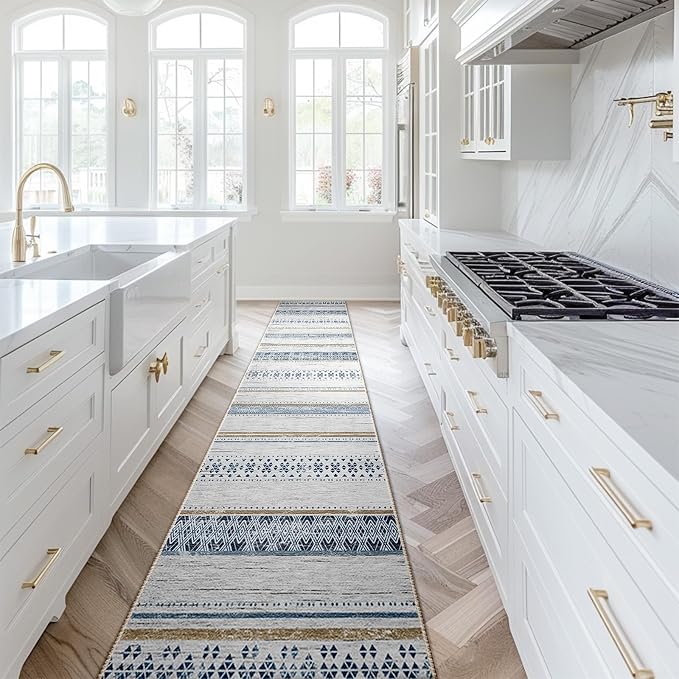 2x10 Washable Area Rugs for Living Room Boho Runner Rug Blue/Brown | Vacuum Friendly, Machine Washable, Non-Slip Rug, Stain Resistant, Moroccan Geometric, Low Pile Carpet, Hallway Kitchen