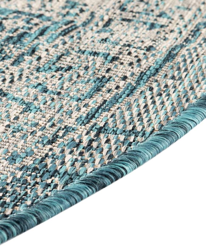 Unique Loom Outdoor Aztec Collection Area Rug - Coba (5' 3" x 8' Oval, Teal/ Ivory)