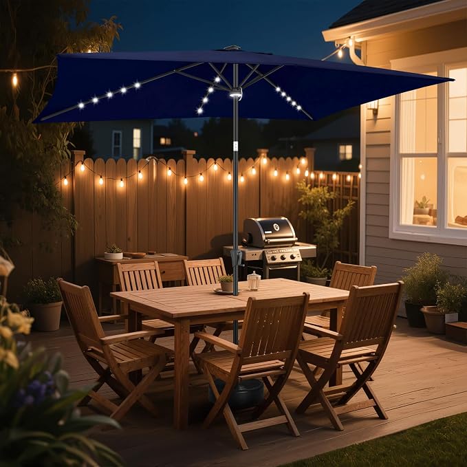 6.5x10 FT LED Lighted Rectangular Solar Patio Umbrella, Rectangular Solar Umbrella Outdoor with Center Ring Light 28 LED Lights, Rectangle Table Umbrella for Deck, Yard, Pool (Navy Blue)
