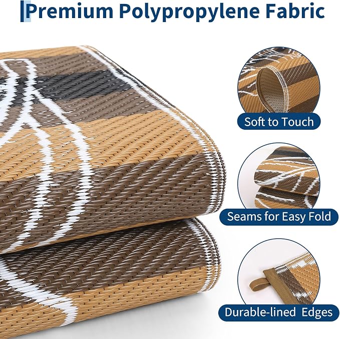 Garvee 9x12 Outdoor Waterproof Rug, Floral Outdoor Area Rug,Reversible Plastic Straw Patio Rug, Portable Camping Mat for RV, Picnic, Beach, Balcony, Garden & Camping Black&Brown