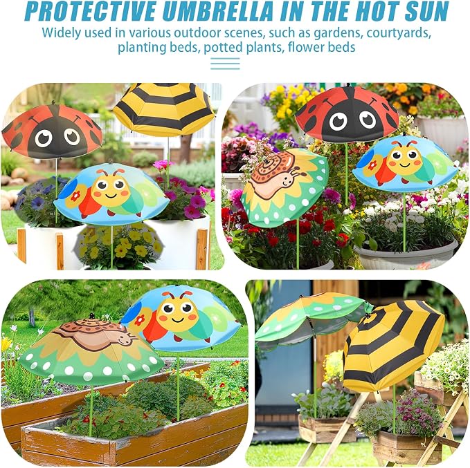 Axcoix 4 Pack Upgraded Plant Umbrellas for Outdoor Plants, 26" Larger Garden Plant Umbrella Shade with Adjustable Angle, 43.4" Higher Sun Shade with Animal Prints for Plants, Potted Plant, Garden Beds