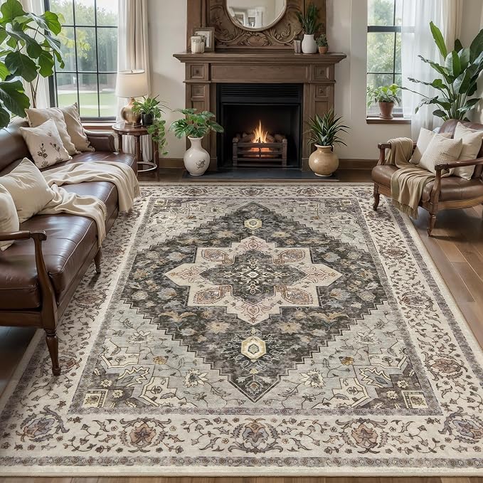 Tangsoo 4x6 Washable Area Rug for Living Room, Farmhouse Non Slip Rug | Vintage Machine Washable Large Rugs Carpet, Soft Low Pile Foldable Rugs for Dining Room Bedroom Dorm Bedside Bathroom Grey