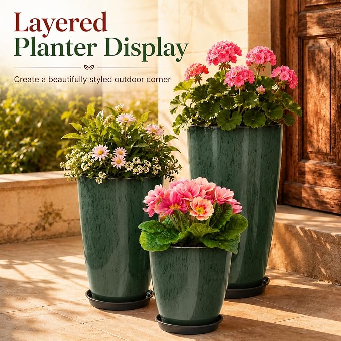 Neoaider Set of 3 Tall Planter, 24/21/12in Large Plastic Planter, DarkGreen | Ceramic-Look, Lightweight, Built-in Drain Hole, Saucers, Tall Outdoor Planter for Porch, Garden, Patio, Balcony