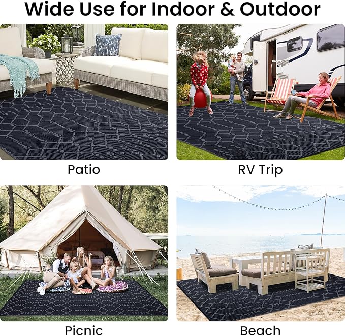 Smiry Outdoor Rug 9x12 ft, Waterproof Reversible Plastic Straw Rugs, Boho Outdoor Area Rug, Outside Floor Mat for Patio, Backyard, Deck, Picnic, Beach, Camping, Dark Grey