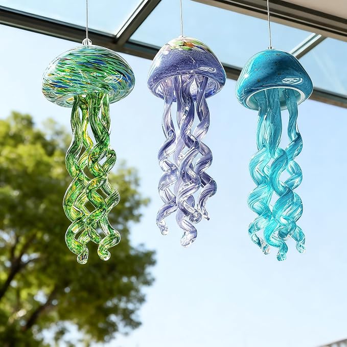H&D HYALINE & DORA Sea Blown Glass Wind Chimes for Outside Jellyfish Wind Chimes 10 Inch Ocean Beach Themed Chime Gift Sea Glass Hanging Decor for Patio, Window & Garden
