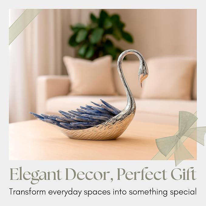 Metal Decorative Swan Sculpture with Crystal Feather – Accent for Table Top & Shelf, Coffee Table Decor for Living Room – Indoor Home Decor, Modern Stylish Tabletop Accessories Accent Piece – 6", Blue