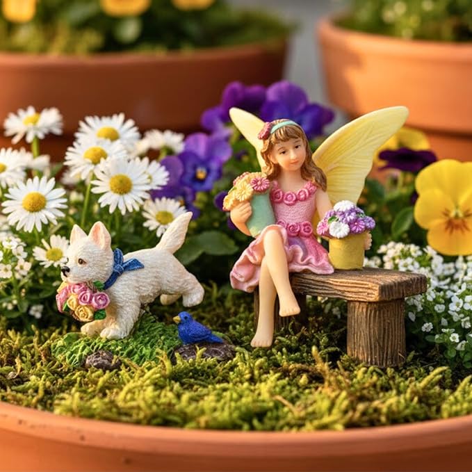 PRETMANNS Fairies for Fairy Garden Outdoor - Miniature Fairy Figurines Set with Tree Swing & Puppy - Indoor Outdoor Fairy Garden Accessories Kit - Starter Supplies for Fairy Village