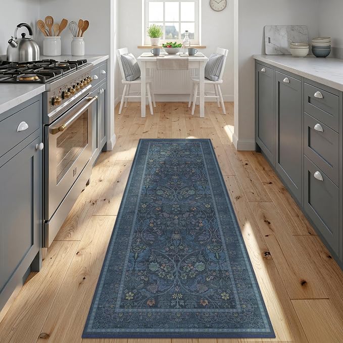 Small Oriental Runner 2x6 Kitchen Runner Rugs Non Slip,Navy Blue Washable Stain Resistant Runner for Entryway, Hallway, Bedside, Bathroom with Floral and Botanical Design