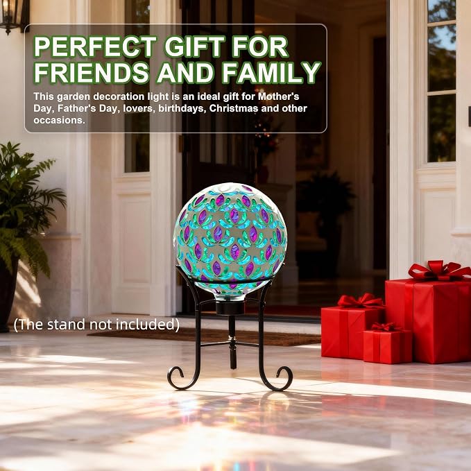 VOREEN 8” Mosaic Glass Gazing Ball — Purple Teal & Green Garden Sphere, Weather-Resistant Outdoor Yard & Patio Decoration, Fade-Free, Four-Season Use
